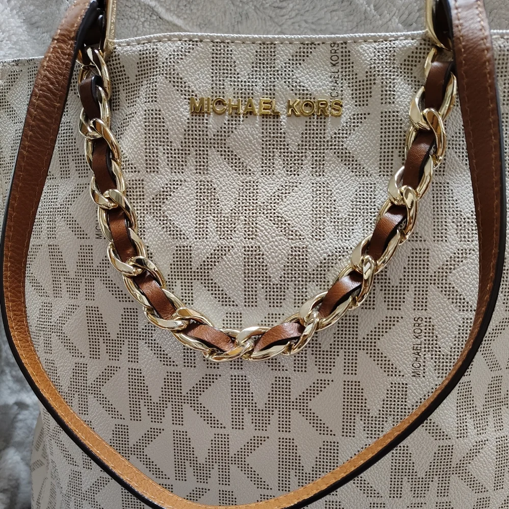 Michael Kors Harper North South Signature Large Vanilla & Brown Logo Tote Bag